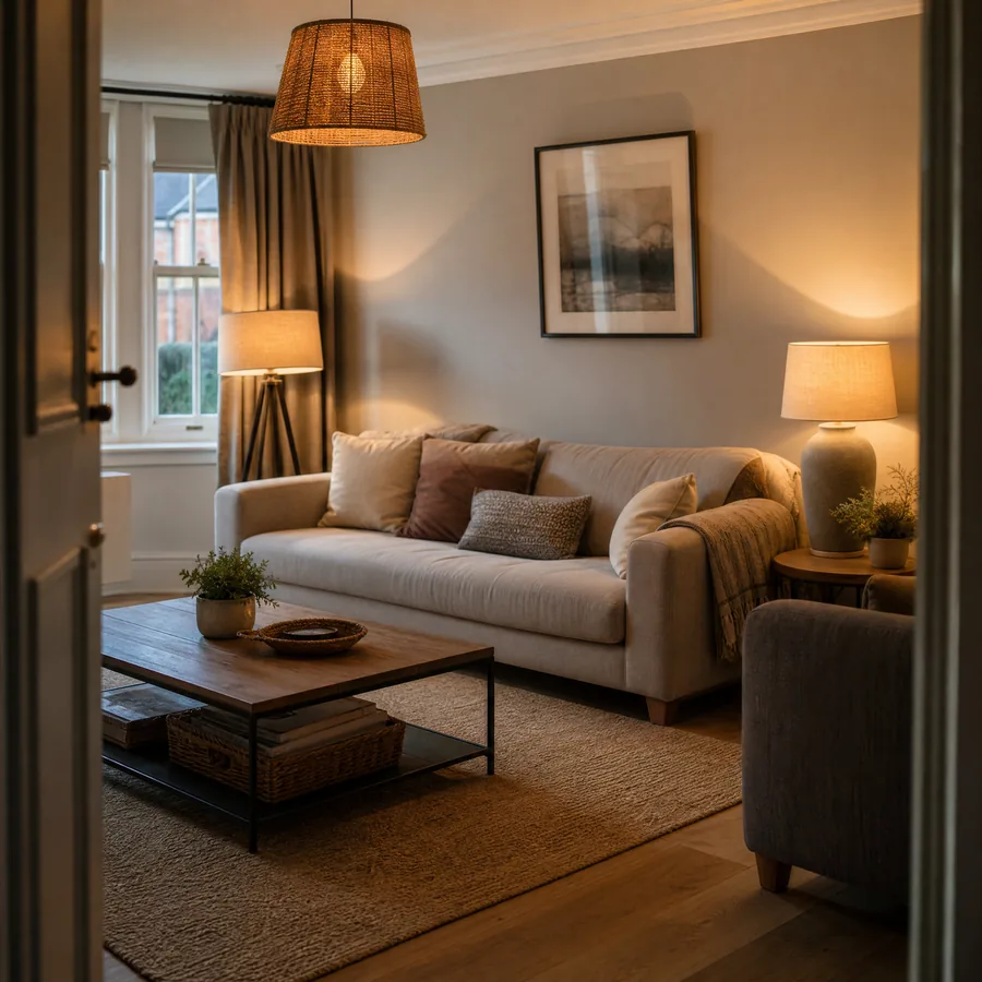The living room of a UK short-term rental in the evening